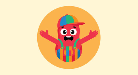 Fototapeta premium Funny red jelly like character wearing a vibrant rainbow striped cap and denim overalls with its arms wide open.