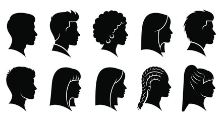 Diverse collection of human head profiles presented in a striking black and white silhouette