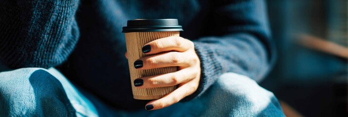 A man sits in a comfortable position, holding a blue coffee cup. His nails are recently manicured in a dark color. He wears a knitted sweater and jeans, creating a casual look, banner