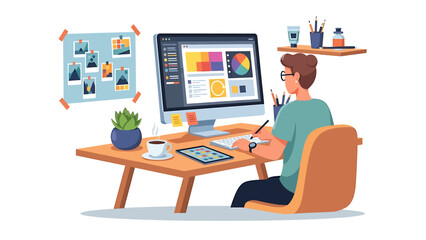 A graphic designer working on a digital art project at their computer with creative tools and inspiration on the wall