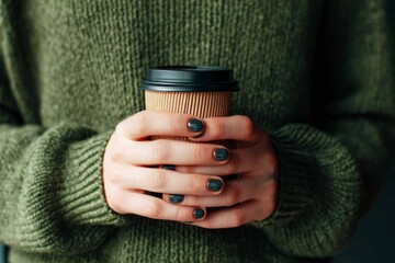 A man sits comfortably, displaying well-groomed nails as he holds a coffee cup with both hands. He wears a knitted sweater and enjoys a break during the day