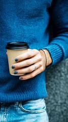 A man sits in a comfortable position, holding a blue coffee cup. His nails are recently manicured in a dark color. He wears a knitted sweater and jeans, creating a casual look