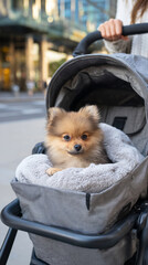 A cute Pomeranian puppy sits comfortably in a pet stroller filled with a soft blanket, while the owner's hands grip the handle on a bustling city street