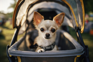 A tiny Chihuahua sits comfortably in a fashionable dog stroller with a mesh cover, enjoying a sunny day outdoors. The vibrant park setting adds to the joyful atmosphere