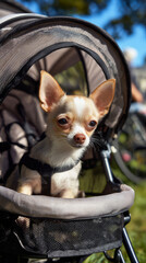 A tiny Chihuahua sits comfortably in a fashionable dog stroller with a mesh cover, enjoying a sunny day outdoors. The vibrant park setting adds to the joyful atmosphere