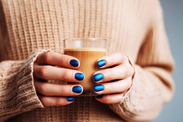 A man holds a glass while showing off his blue manicure in a cozy environment. He wears a knitted sweater and appears relaxed as he enjoys his drink in daylight