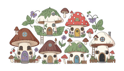 Obraz premium Whimsical mushroom fairy houses with doors, windows, flowers, leaves, and decorative elements in a fantasy cottage village illustration