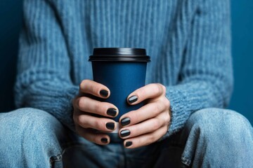 A man sits in a comfortable position, holding a blue coffee cup. His nails are recently manicured in a dark color. He wears a knitted sweater and jeans, creating a casual look