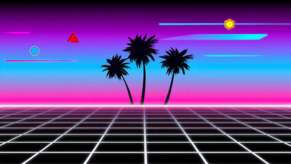 Retrowave abstract landscape with glowing grid and silhouette palm trees against a vibrant neon sunset sky featuring geometric shapes