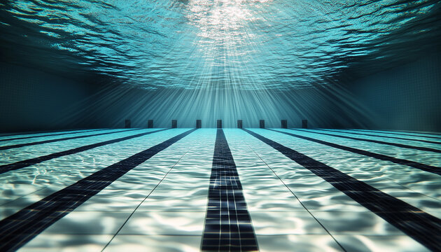Underwater view of olympic swimming pool with lane lines visible. Sun rays pierce the clear blue water, illuminating the pool floor