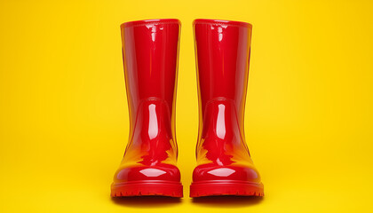 Pair of shiny red rain boots stand against a bright yellow backdrop. These waterproof boots are perfect for wet weather protection and stylish outdoor adventures
