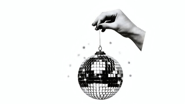 Hand holding shiny disco ball with sparkling stars around