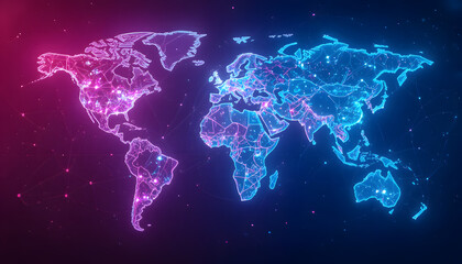 Global network connections map with vibrant neon lights