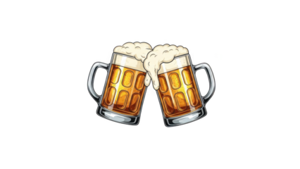 Two beer mugs clinking with overflowing foam isolated on white background toasting