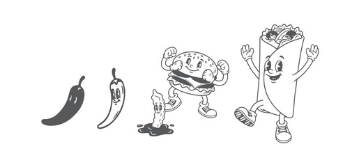 Obraz premium Classic Hand Drawn Fast Food Characters, 30s Animation Style