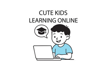 Cute Kids Learning Online with Digital Education icon silhouette on white background.