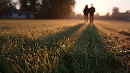 Silhouettes of a couple walking through dewy grass at sunrise casting long shadows