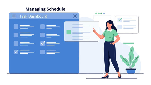 Woman managing tasks on digital dashboard, planning schedule, successful project completion - Powered by Adobe