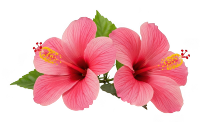 Two pink hibiscus flowers with green leaves isolated on transparent background Keywords