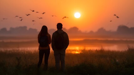 Two hikers watch the sunrise over a misty lake with birds flying in the sky
