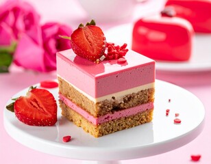 Layered Valentine mousse cake, clean cut view, luxury dessert presentation