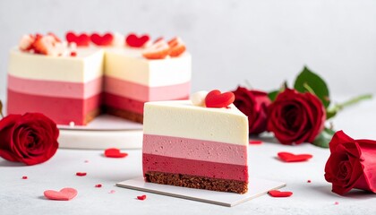 Layered Valentine mousse cake, clean cut view, luxury dessert presentation