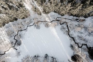 Beautiful winter landscape from a drone: forest, snow-covered meadows and a stream.