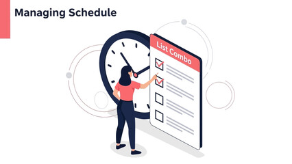 Woman managing schedule with checklist and clock, time management concept illustration
