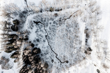 Beautiful winter landscape from a drone: forest, snow-covered meadows and a stream.
