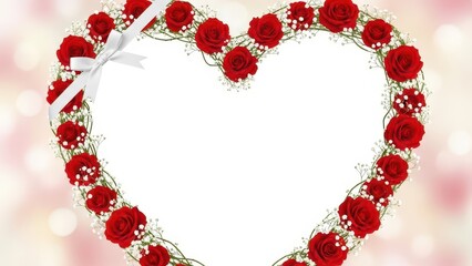 Romantic Heart-Shaped Frame of Red Roses and Baby's Breath with White Ribbon Bow on Soft Bokeh Background