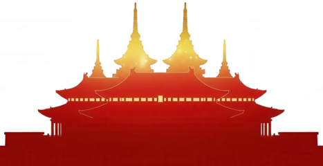 Stylized red and gold silhouette illustration of chinese traditional temple architecture majestic palace building graphic design element