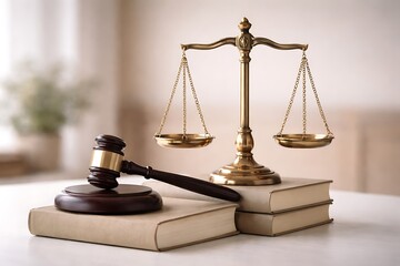 Wooden judge's gavel resting on legal books with gold scales of justice in the background, law and courtroom concept