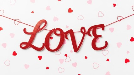 Red 'LOVE' Text Hanging with Scattered Hearts on White Background for Valentine's Day