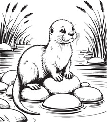 Obraz premium Otter sits on stones in calm river surrounded by tall grasses in a serene natural environment with a clean white background showcasing its fur and whiskers in a black and white illustration.