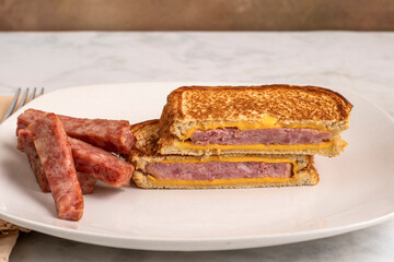 spam melt sandwich served with spam fries