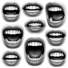 Obraz premium A collage of nine different close-up views of human mouths showing various expressions and healthy white teeth