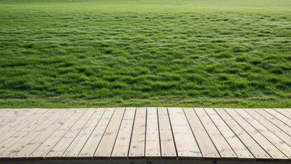 Serene wooden deck overlooking lush green grass