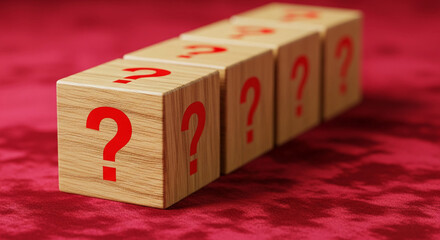 Image of wooden cube with red question mark, in a row, representing uncertainty, query, and exploration, on red velvet, ideal for business concept