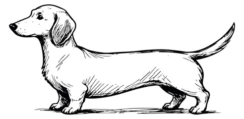 Hand drawn line art illustration of a dachshund dog depicting it standing in profile for pet and animal designs