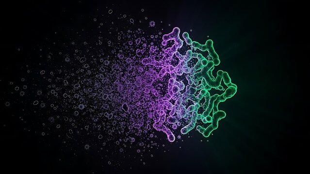 Abstract microscopic organisms disintegrate into purple particles in a green to purple gradient