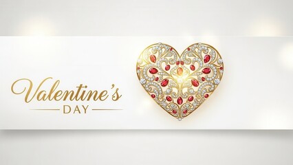 Luxurious Ornate Golden Heart with Red Jewels and 'Valentine's DAY' Text on White Background