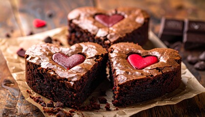 Valentine brownies, heart-shaped cut, dark chocolate texture, rustic background