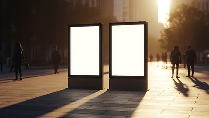 Two blank billboards stand on a bustling city sidewalk with people walking by in the morning sunlight.