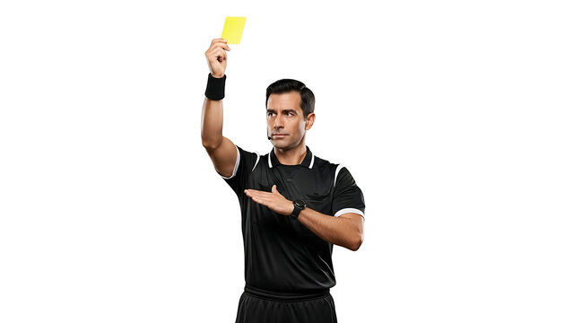 A referee holding up a yellow card on transparent background