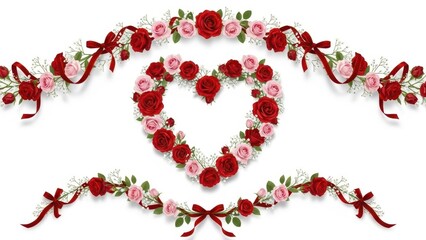 Romantic Vector Red and Pink Rose Heart and Floral Borders with Ribbons Isolated