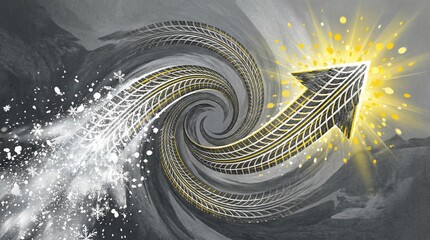A swirling design featuring a tire track and an arrow, symbolizing movement and progress. The background is a gradient of gray and yellow, suggesting energy.