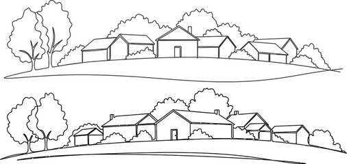 Simple Line Drawing Of A Cluster Of Houses On A Hillside With Trees