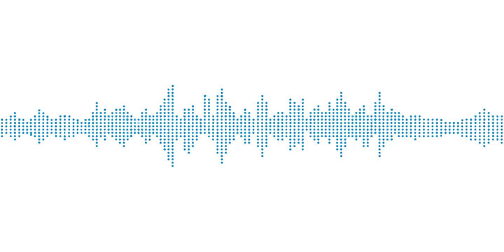 Blue music background featuring digital sound wave illustrations and frequency spectrum lines on a white vector design with light blue audio equalizer pulses and technology waveforms