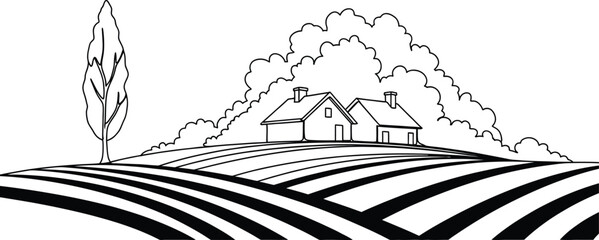 A serene black and white illustration depicting rolling hills with a plowed field pattern leading up to two charming houses nestled amongst fluffy clouds under a large tree