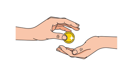 Fototapeta premium A clear line art illustration of a hand offering a golden coin to another open hand, representing the universal concepts of giving, receiving, financial exchange, charity, payment, and support